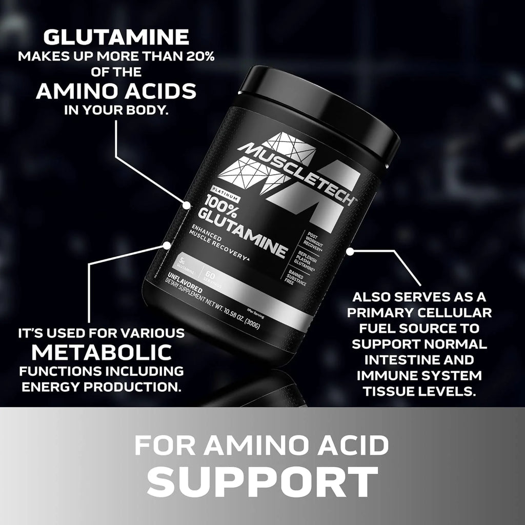 Muscletech 100% L-Glutamine Powder for Enhanced Muscle Recovery - Pure L Glutamine Muscle Growth Builder & Energy Boosting Nutritional Supplement for Men & Women - Unflavored, 60 Servings