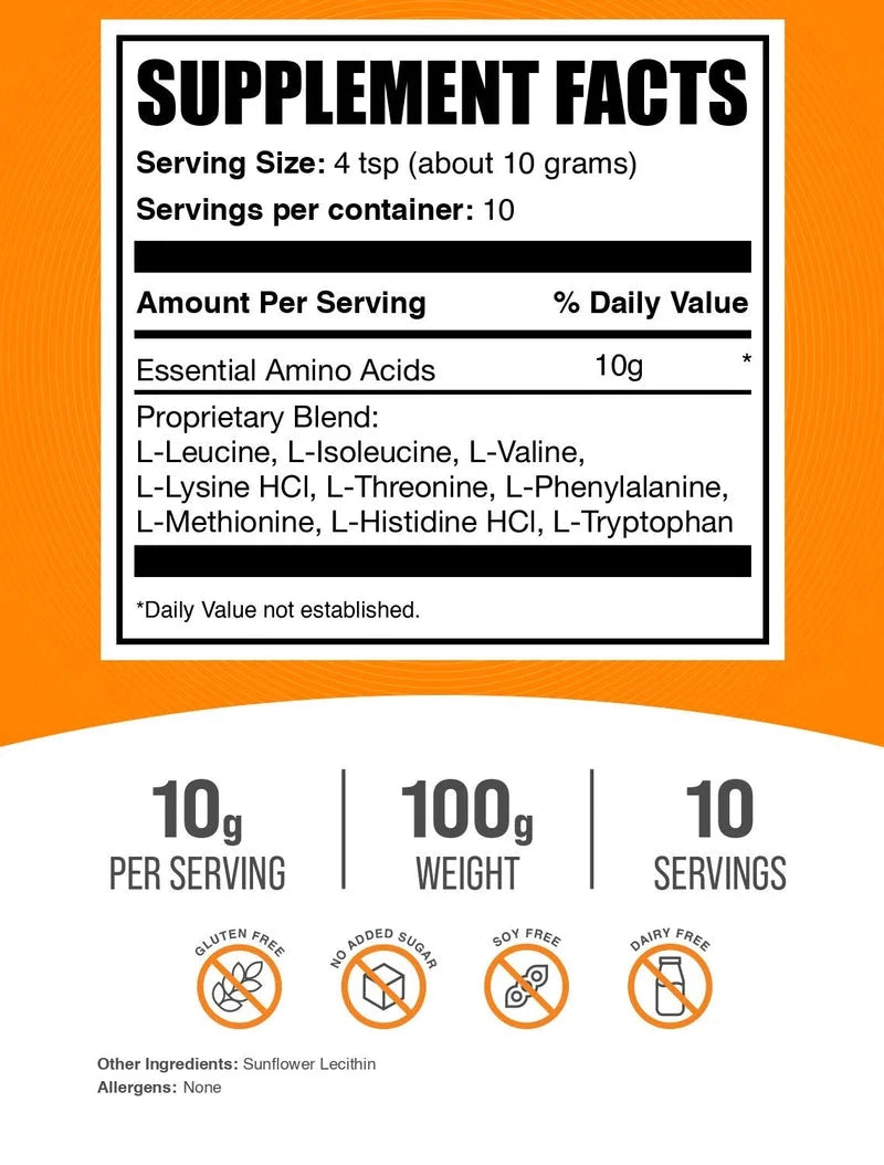 Bulksupplements EAA Powder - Dietary Supplement, Essential Amino Acids Powder, Unflavored, 10G per Serving, 100G (3.5 Oz)