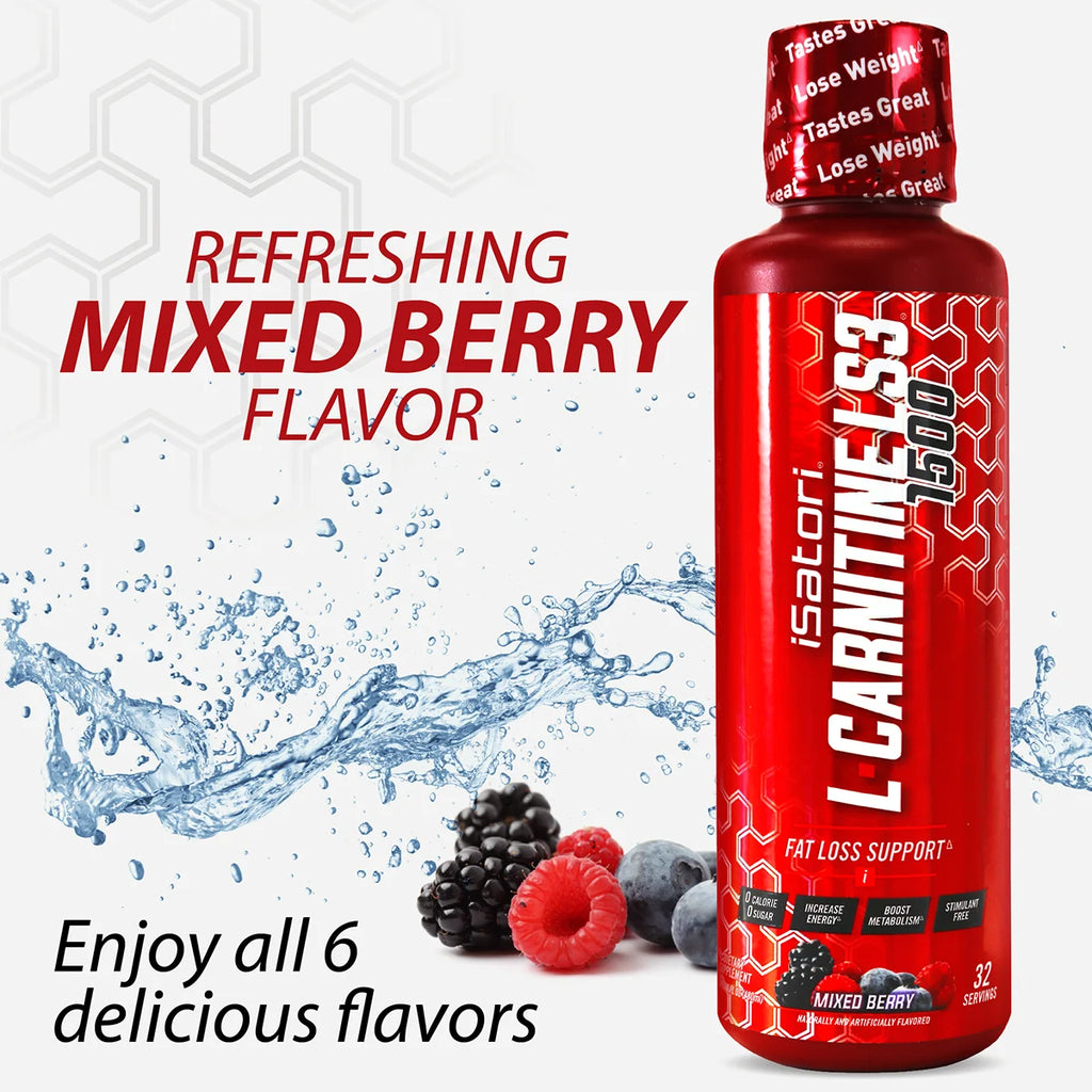 Isatori L-Carnitine LS3 Concentrated Liquid Metabolic Enhancer and Energy Booster - Health and Fitness - Keto Friendly - Stimulant Free - Mixed Berry 1500Mg (32 Servings)
